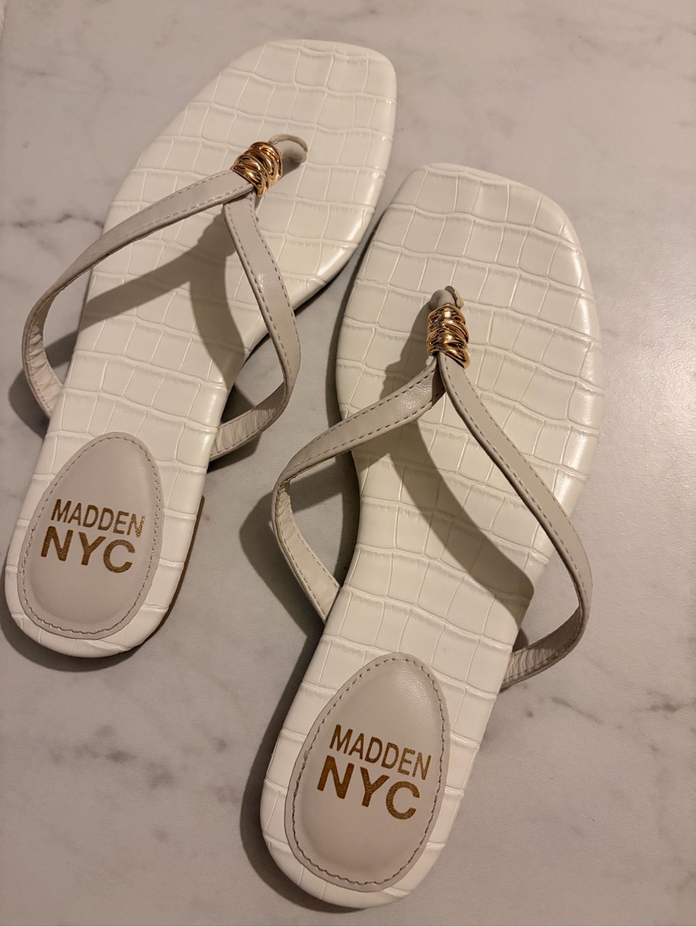Madden NYC White Embossed Thong Sandals with Gold Accent + FREE Squishy cube